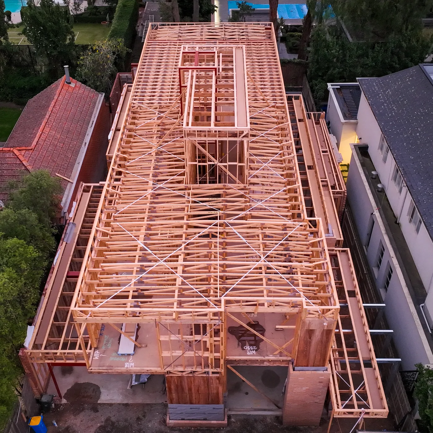Aerial drone view of a full residential timber frame